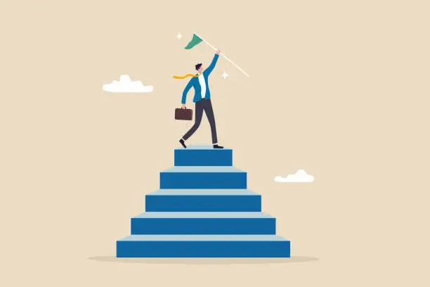 Vector illustration of Step to success, staircase to achievement or reach winner target, progress or improvement, career success or business journey concept, successful businessman hold winning flag on top of step stair.