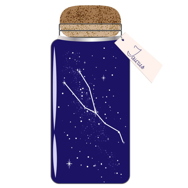 istock Glass jar with zodiac constellations. Taurus on the night sky. Collect moments. 1464116443