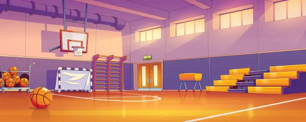 Vector illustration of Empty school gym with sports equipment