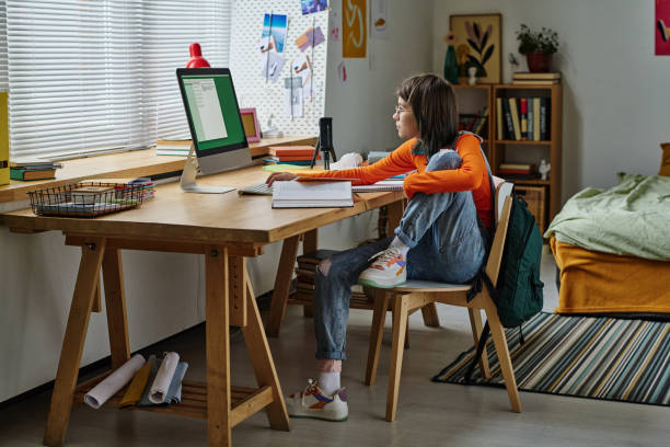 istock Teenage girl studying on computer at home 1464120503