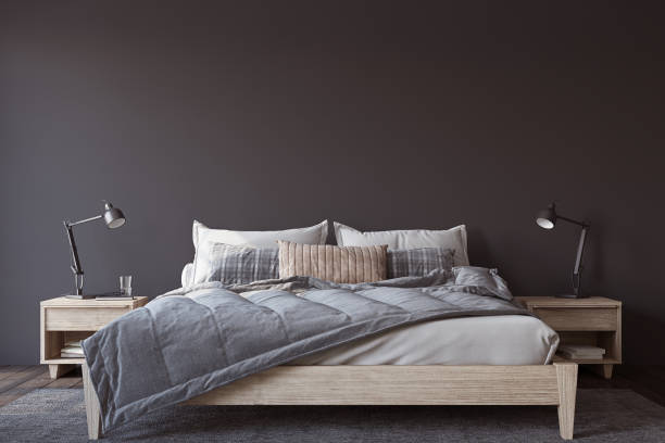 istock Scandinavian bedroom. Bedroom with the dark wall. 3d render. 1464120772