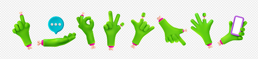 Zombie hand gestures set on transparent background. Green monster fingers with creepy bones pointing, ok, victory, hello, call me gestures, holding smartphone and chat icon. 3D vector illustration