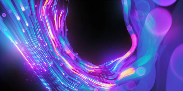 istock 3d render, abstract blurry background with pink blue glowing neon lines and bokeh lights. Digital wallpaper 1464121594