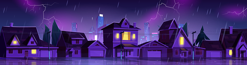 Flood in night suburban town with cottage houses. Natural disaster rain, storm and lightnings at countryside area with flooded buildings. River water stream flow at street, Cartoon vector illustration