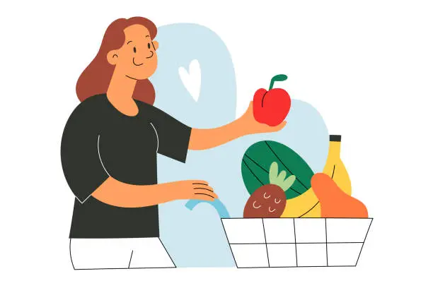 Vector illustration of Smiling young woman buying fresh fruit in supermarket, putting a apple inside a shopping cart full of various fruits in grocery, supermarket . Flat Vector illustration