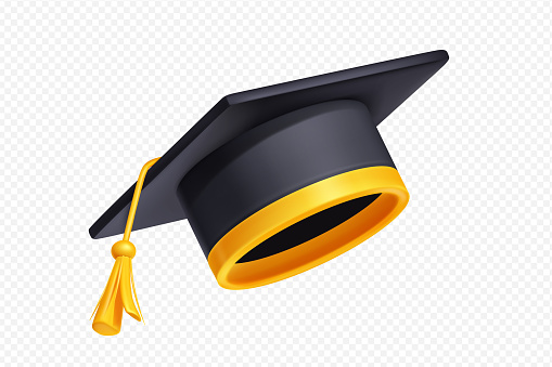 Student graduation cap with gold tassel and ribbon. Concept of academic education in university, college or high school. Black mortarboard with yellow border, 3d vector illustration