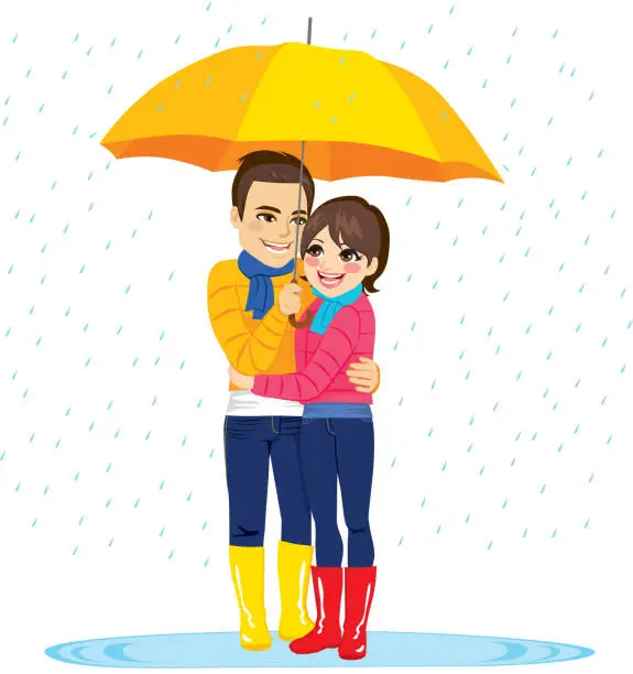 Vector illustration of Love Couple Under Rain