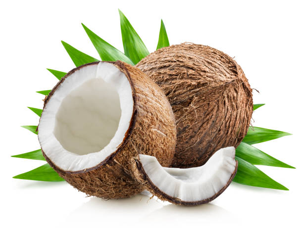 istock Coconuts with green leaves isolated on white background. 1464123896