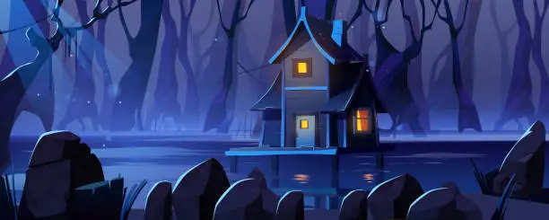 Vector illustration of Stilt house in swamp in forest at night