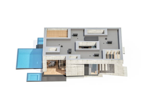 istock 3d rendering of new concrete house in modern style isolated on white 1464123974