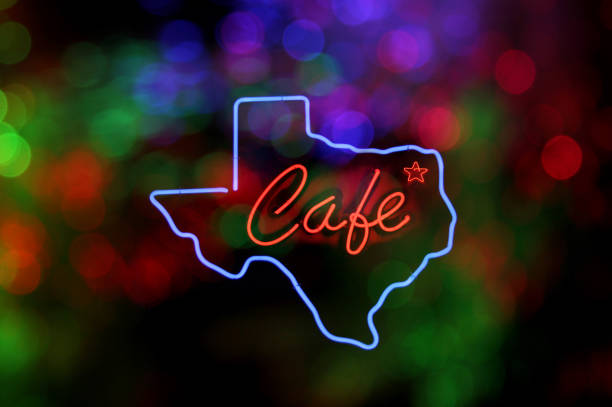 istock Bright neon red illuminated Texas cafe sign on a bokeh light background 1464124072