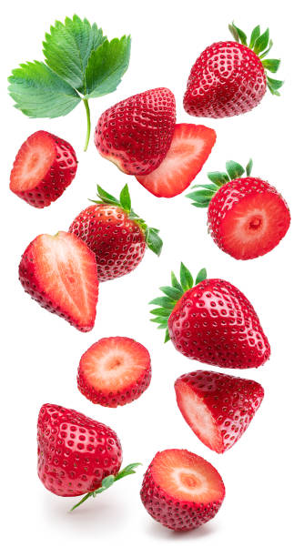 istock Strawberry, strawberry cuts and leaf levitating on white background. 1464124136