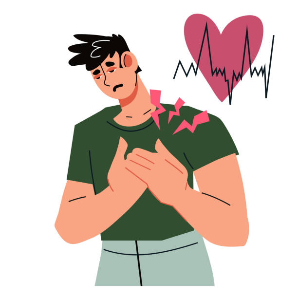 ilustraciones, imágenes clip art, dibujos animados e iconos de stock de hombre con dolor cardíaco presionando sus manos contra el pecho, vector plano aislado. - pain heart attack heart shape healthcare and medicine