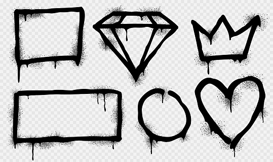 Spray paint frames, black brush graffiti borders square, round, diamond, heart, crown and rectangular shapes. Grunge airbrush drawing, inky contour forms with splashes, smudges isolated Vector set