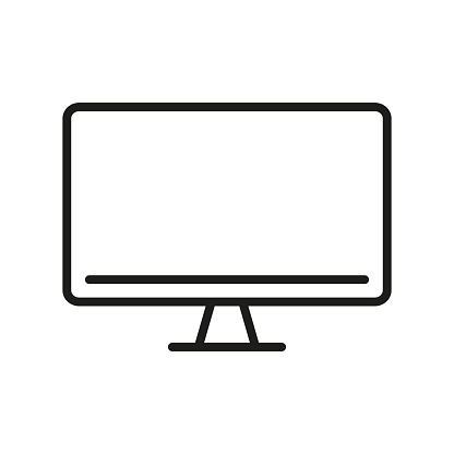 Computer Monitor Line Icon. PC Wide Screen Desktop Linear Pictogram. TV with Digital LCD Technology Outline Symbol. Monitor Screen Sign. Editable Stroke. Isolated Vector Illustration.