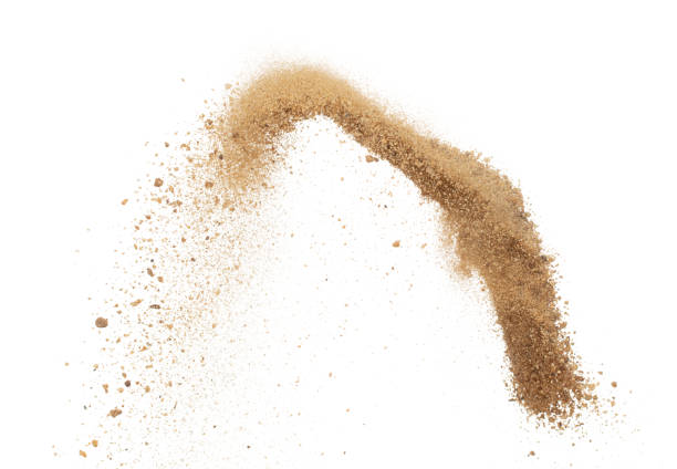 istock Big size Sand flying explosion, Golden grain sands wave explode. Abstract cloud fly. Yellow color sand splash throwing in Air. White background Isolated high speed shutter, throwing freeze stop motion 1464125856