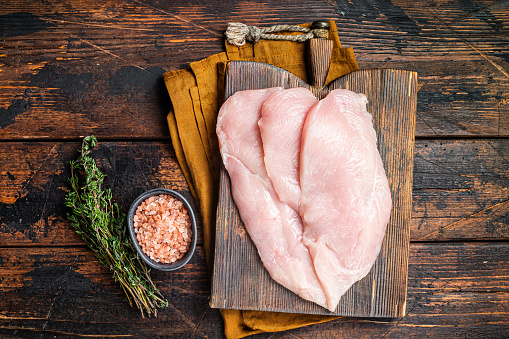Fresh Raw chicken cutlet breast fillets on a wooden board, fowl meat. Wooden background. Top view.