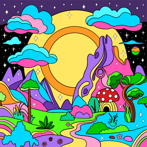 Retro Psychedelic Groovy Landscape Vintage Hippie Background Stock