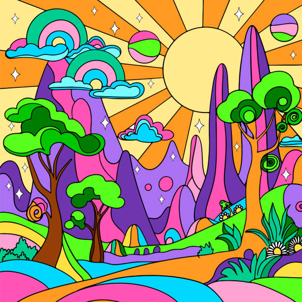 Retro Psychedelic Groovy Landscape Vintage Hippie Background Stock