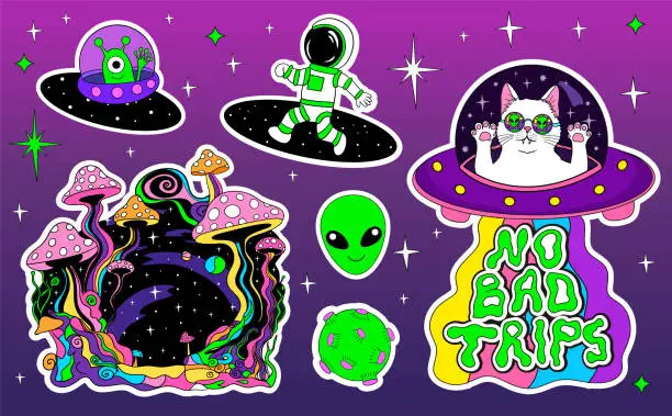 Vector illustration of Astronauts and Alien in space,  psychedelic mushrooms. Space groovy stickers