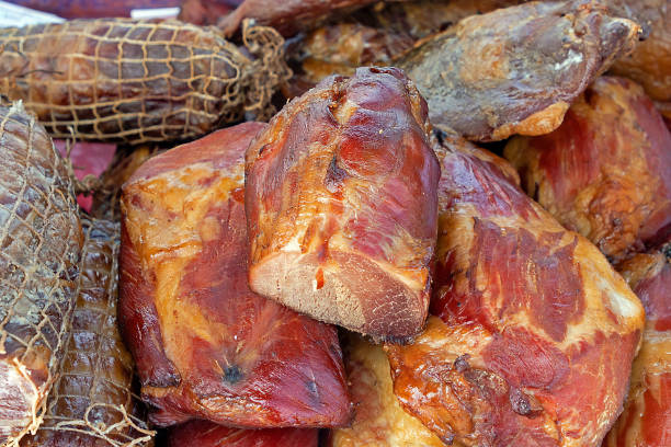 istock Smoked bacon and ham sold on market 1464127337