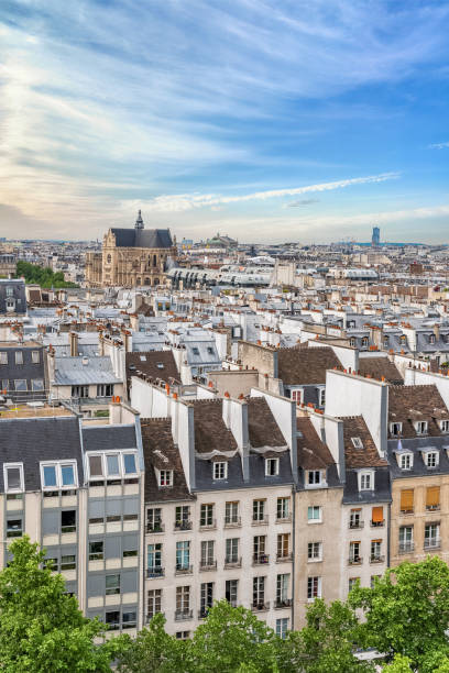 Paris, typical roofs in the Marais, aerial view with the Halles, the Saint-Eustache church