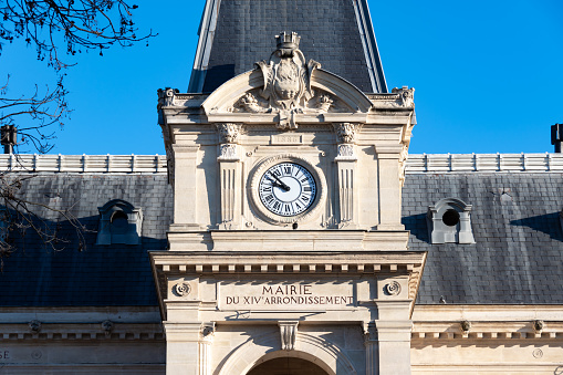 Exterior view of the facade of the town hall building of the 14th arrondissement of Paris, France, built in 1886
