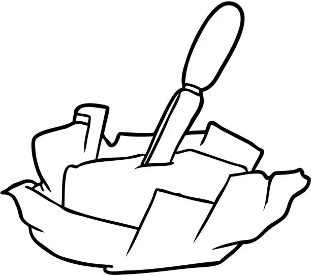 Vector illustration of line drawing of a traditional pat of butter with knife