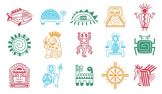 Maya aztec totem isolated symbols. Mexican signs, sun, turtle, tiki heads. Indigenous indian tribal god icons. Abstract chameleon, decent vector set of mexican aztec and ancient maya illustration
