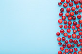 Fresh red cranberries on light blue table background. Pastel color. Closeup. Top down view. Empty place for text.