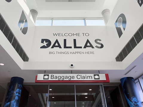 Dallas, TX, USA - January 26, 2023: The Welcome to Dallas sign in the Dallas Love Field Airport with the phrase, \
