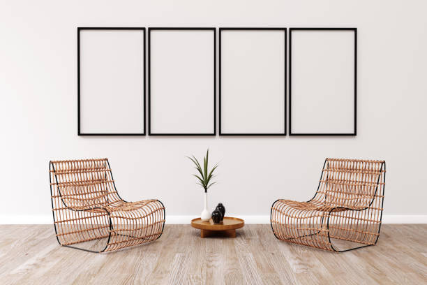 Living room design with empty frame mockup, two rattan chairs on white wall. 3d render