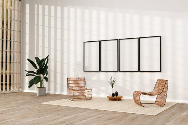 istock Living room design with empty frames mockup, two rattan chairs on white wall. 3d render 1464131232