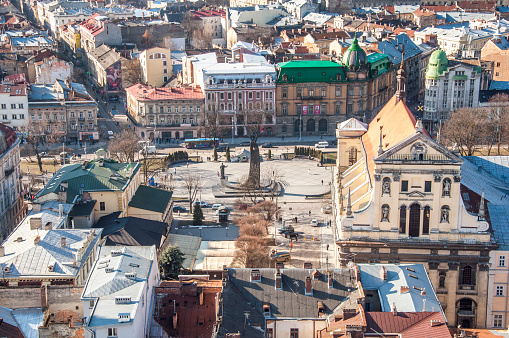 Lviv, Ukraine - February 6, 2016: View of city center from Lviv Town Hall. Historical old city landscape. Beautiful city view of Lviv, Ukraine.