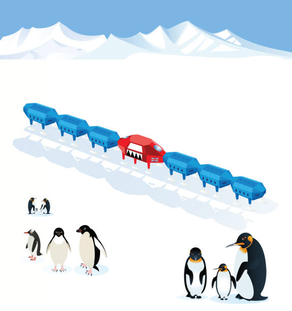ilustraciones, imágenes clip art, dibujos animados e iconos de stock de estación de investigación halley y pingüinos - arctic station snow science