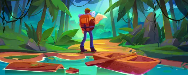 Vector illustration of Tourist with map and backpack stand at jungle