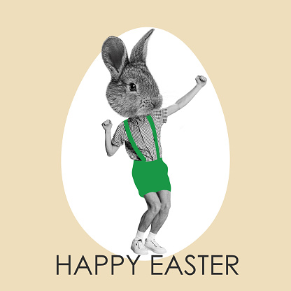 Cute rabbit head on male body dancing. Creative design on beige background. Happy Easter. Concept of holidays, spring, celebration, family gathering. Copy space for ad, text. Design for card