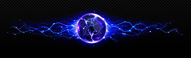 ilustrações de stock, clip art, desenhos animados e ícones de electric ball with discharge strikes, lightning - black background flash