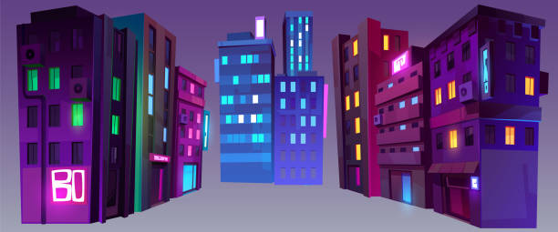 istock Night city buildings, isolated modern houses 1464136927