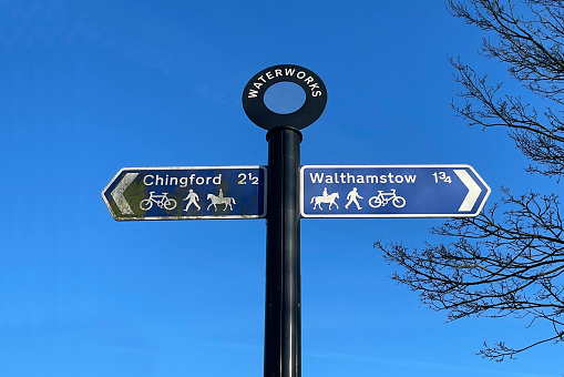 A sign post in Pitlochry, Scotland, just north of Edinburgh.  The sign is directing hikers to the scenic Pitlochry Dam as well as a longer hike along the River Tummel.