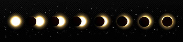 Solar eclipse in different phases Solar eclipse in different phases. Cosmos with moon and sun in total and partial solar eclipse and stars isolated on transparent background, vector realistic illustration eclipse icon stock illustrations