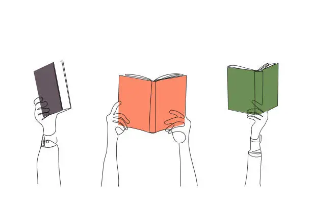 Vector illustration of Group of raised people hands holding books.