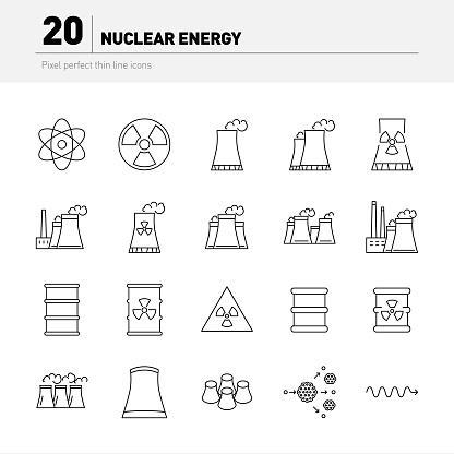 Nuclear power station, reactors and nuclear energy generation related facilities. Twenty pixel perfect icons.