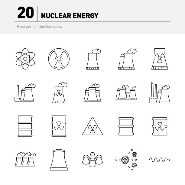 Nuclear energy icon set. Nuclear power station, reactors and nuclear energy generation related facilities. Twenty pixel perfect icons. nuclear fission stock illustrations