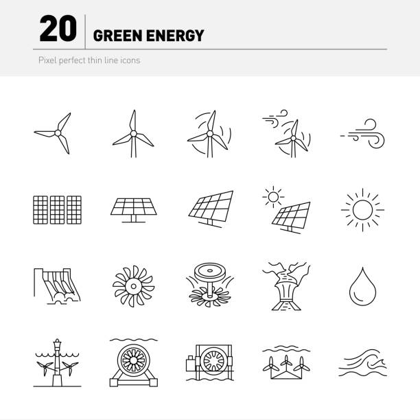 ilustraciones, imágenes clip art, dibujos animados e iconos de stock de conjunto de iconos de energía de energía verde. - river wave symbol sun