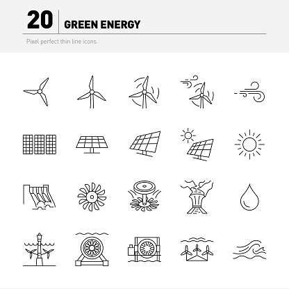 Wind, solar, water and tidal power plant. Twenty pixel perfect icons.