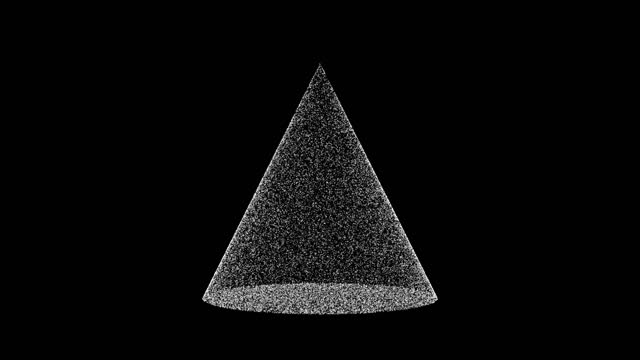 3D white cone rotates on black background. Object consisting of flickering particles 60 FPS. Science tutorial concept. Abstract backdrop for logo, title, presentation. 3D animation