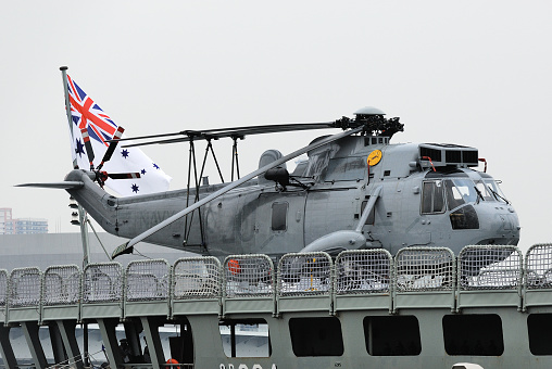 Tokyo, Japan - September 15, 2009: Naval Jack of :Royal Australian Navy and Westland Sea King Mk.50 utility helicopter.