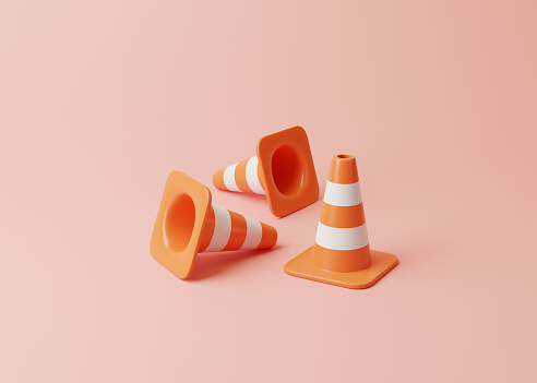 Three traffic cones on pink background. 3D Rendering Illustration