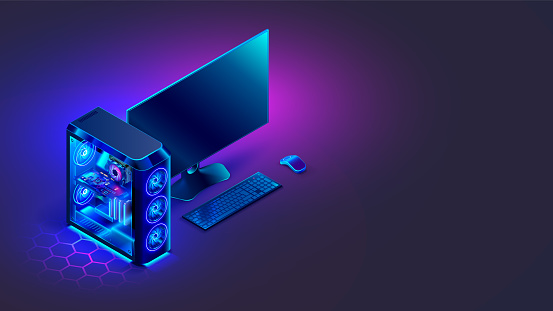 Gaming PC computer glowing in dark. Isometric illustration of modern computer case, monitor, keyboard, on desktop. Stationary video games PC. Neon lights of electronic parts of system box computer.